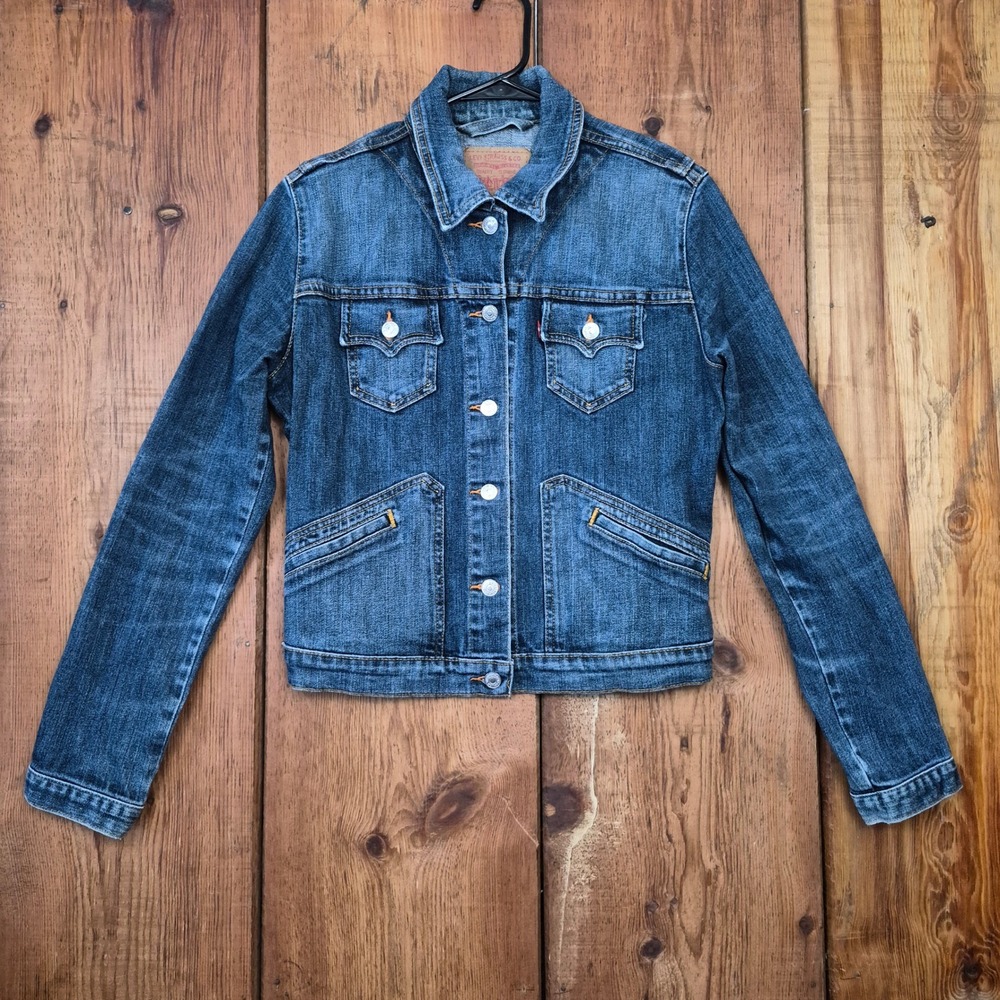 Vintage Denim Trucker Jean Jacket Medium Wash Blue 4 Pocket Women's S/XS Slim
